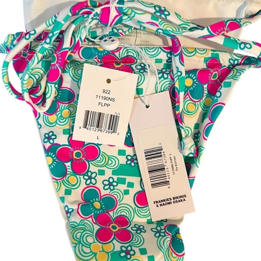 FRANKIES BIKINIS Women's Tia String Bikini Bottoms AQUA MULTICOLOR L NWT